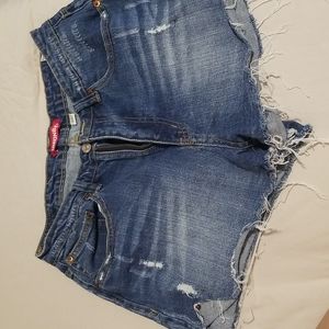 Distressed denim shorts